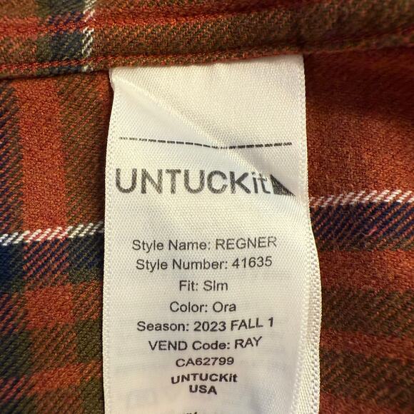 UNTUCKit Regner Slim Fit Flannel Shirt Large Orange Plaid Cotton Fall 2023 - Picture 6 of 10